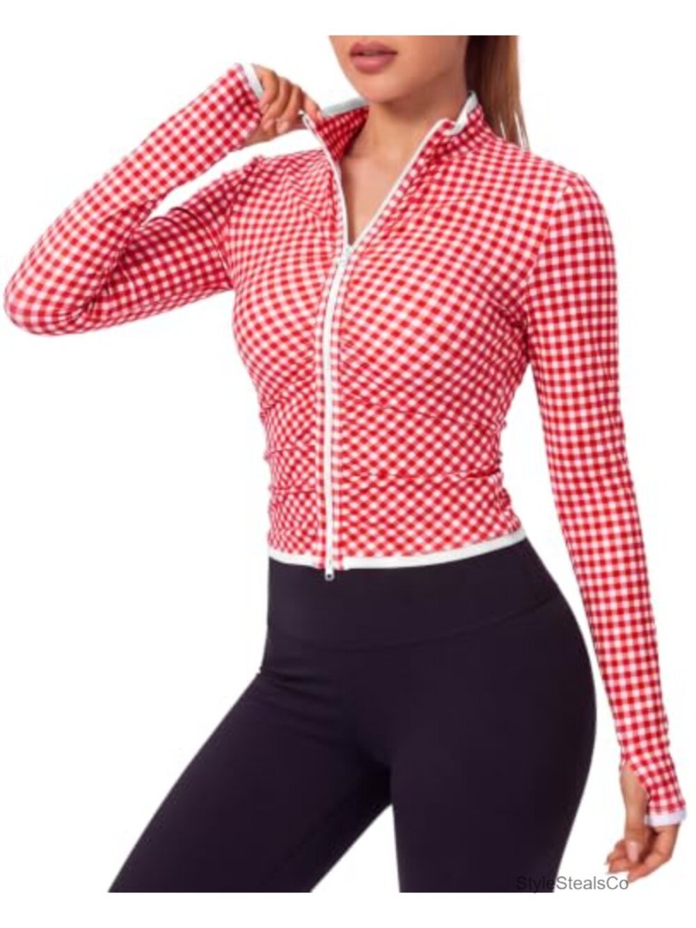 Womens Plaid Zip Up Ruched Workout Jacket Thumb Holes Gym Yoga Top